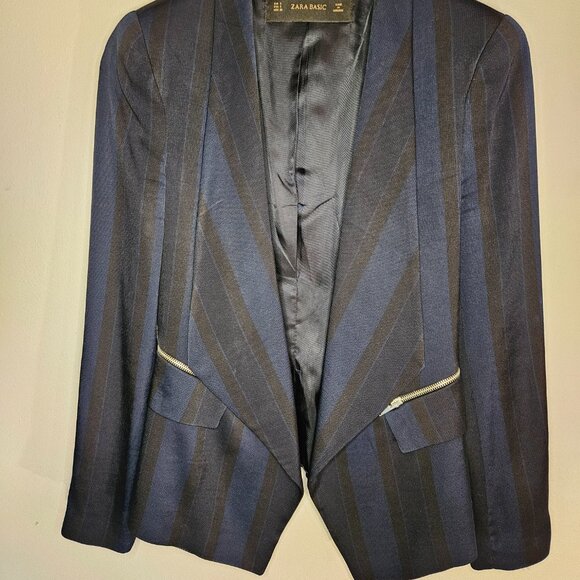 ZARA Navy Striped Wrap Waterfall Draped Blazer Jacked Coat with Zippers (Size S) - Picture 3 of 7